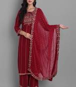 Red Embroidered Viscose Rayon Straight Kurta Set
