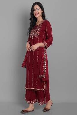 Red Embroidered Viscose Rayon Straight Kurta Set 2