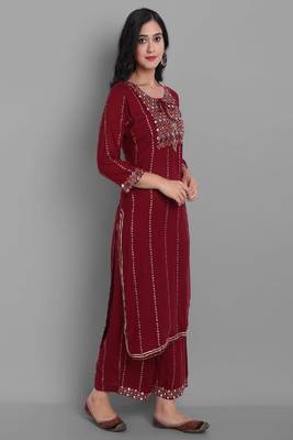 Red Embroidered Viscose Rayon Straight Kurta Set 3