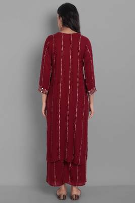 Red Embroidered Viscose Rayon Straight Kurta Set 4