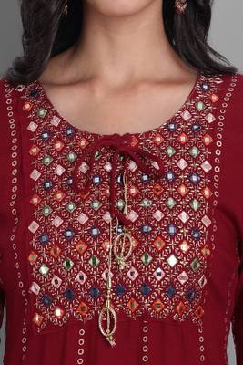 Red Embroidered Viscose Rayon Straight Kurta Set 5