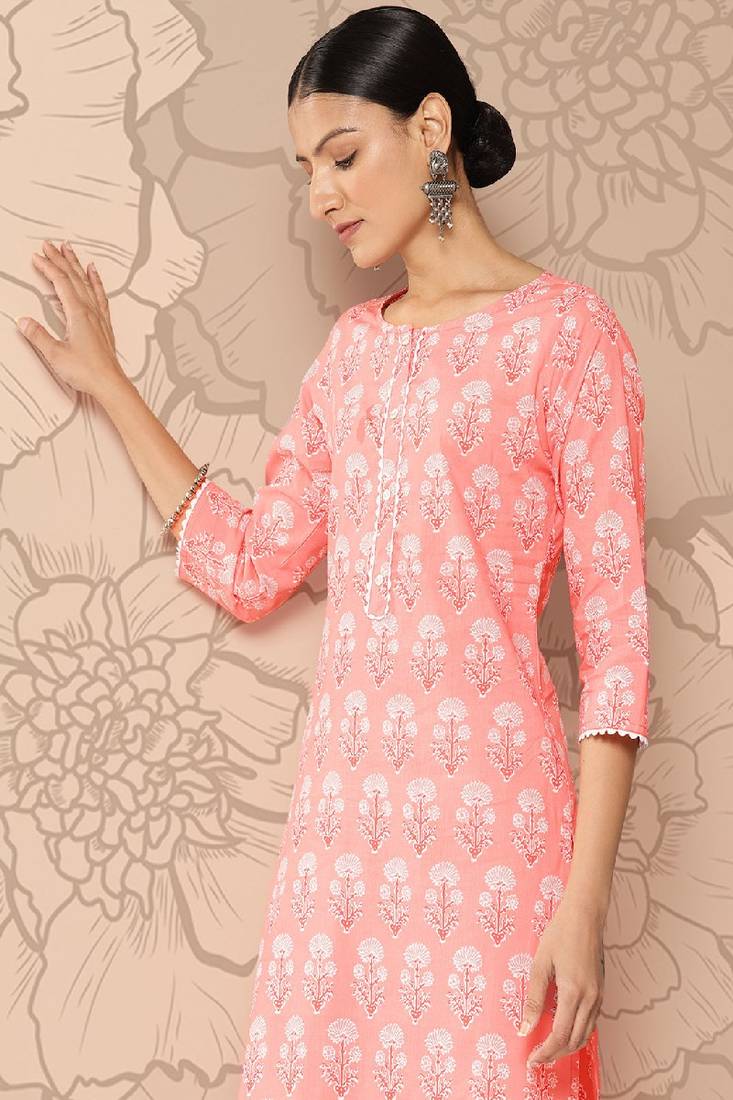 Pink Printed Pure Cotton Kurta