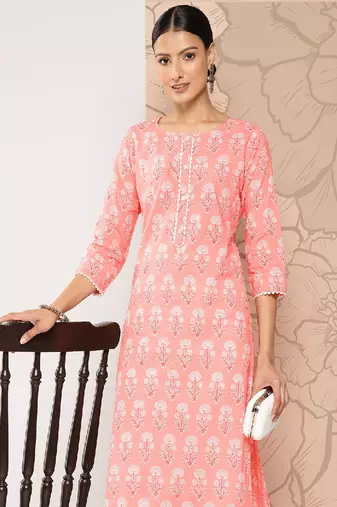 Pink Printed Pure Cotton Kurta