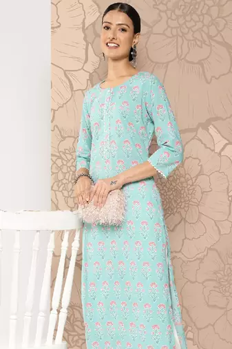 Blue Printed Pure Cotton Kurta
