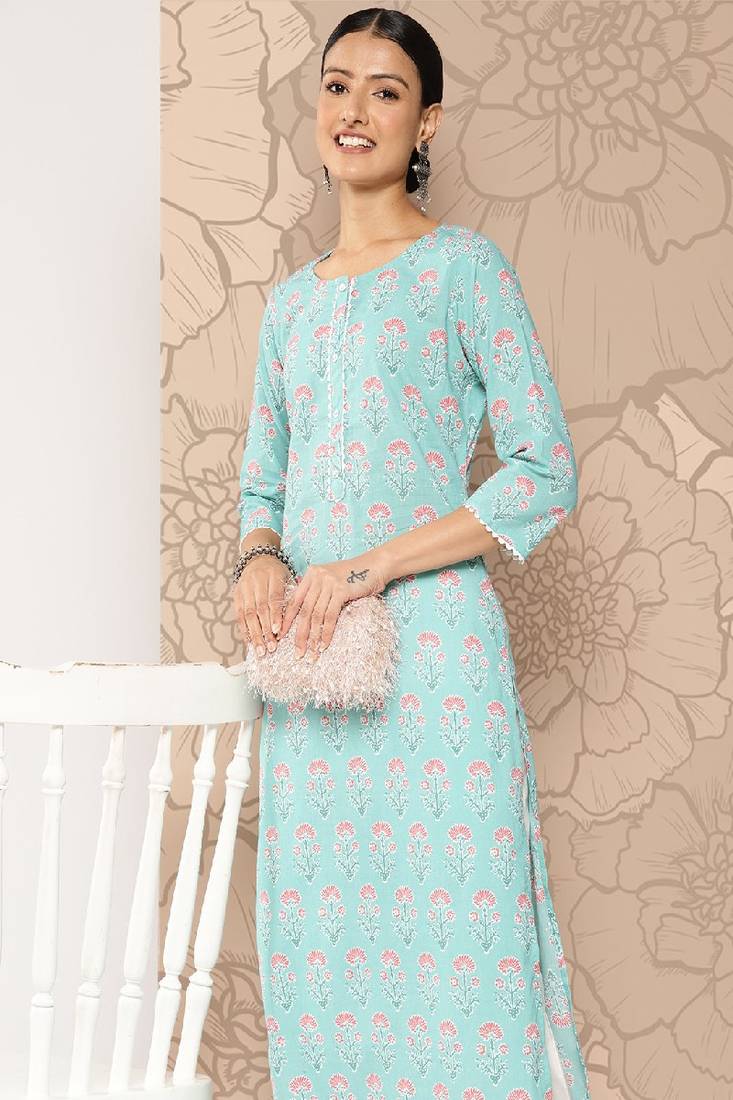 Blue Printed Pure Cotton Kurta