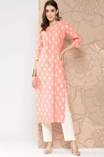 Peach Printed Pure Cotton Kurta