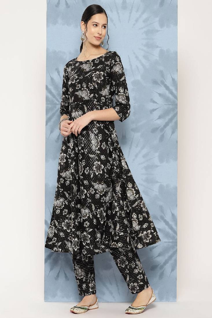 Black Printed Pure Cotton Kurta Set
