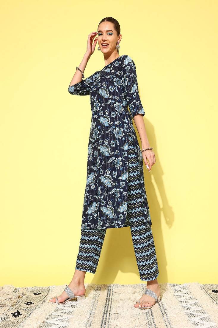 Blue Printed Pure Cotton Kurta Set