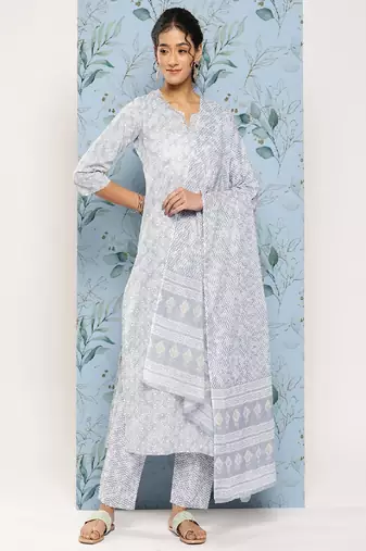 Grey Embroidered Pure Cotton Kurta Set