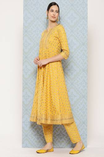 Yellow Printed Pure Cotton Kurta Set