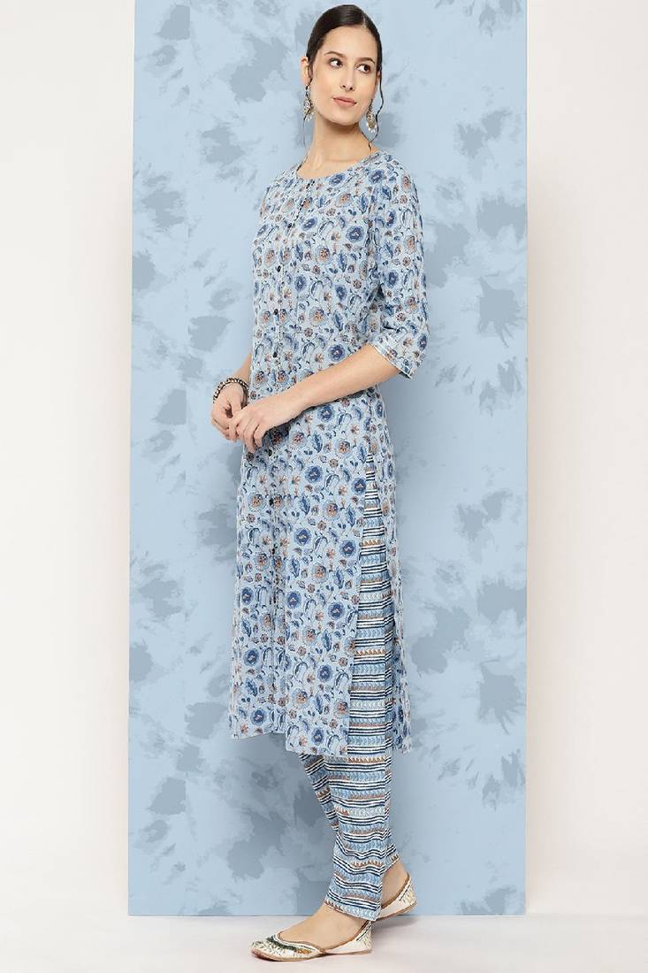 Blue Printed Pure Cotton Kurta Set