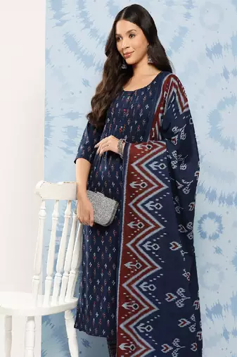 Blue Printed Pure Cotton Kurta Set