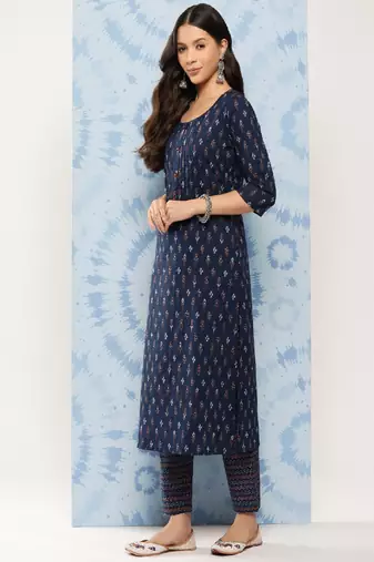 Blue Printed Pure Cotton Kurta Set