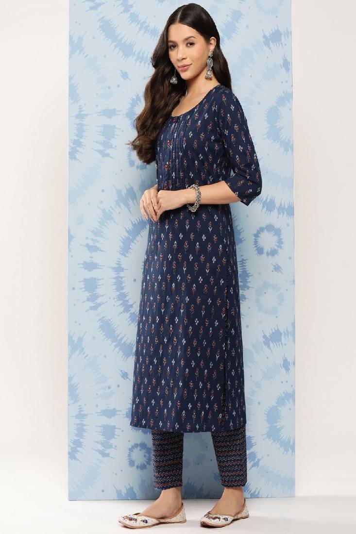 Blue Printed Pure Cotton Kurta Set