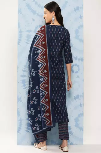 Blue Printed Pure Cotton Kurta Set