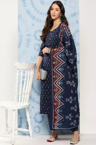 Blue Printed Pure Cotton Kurta Set