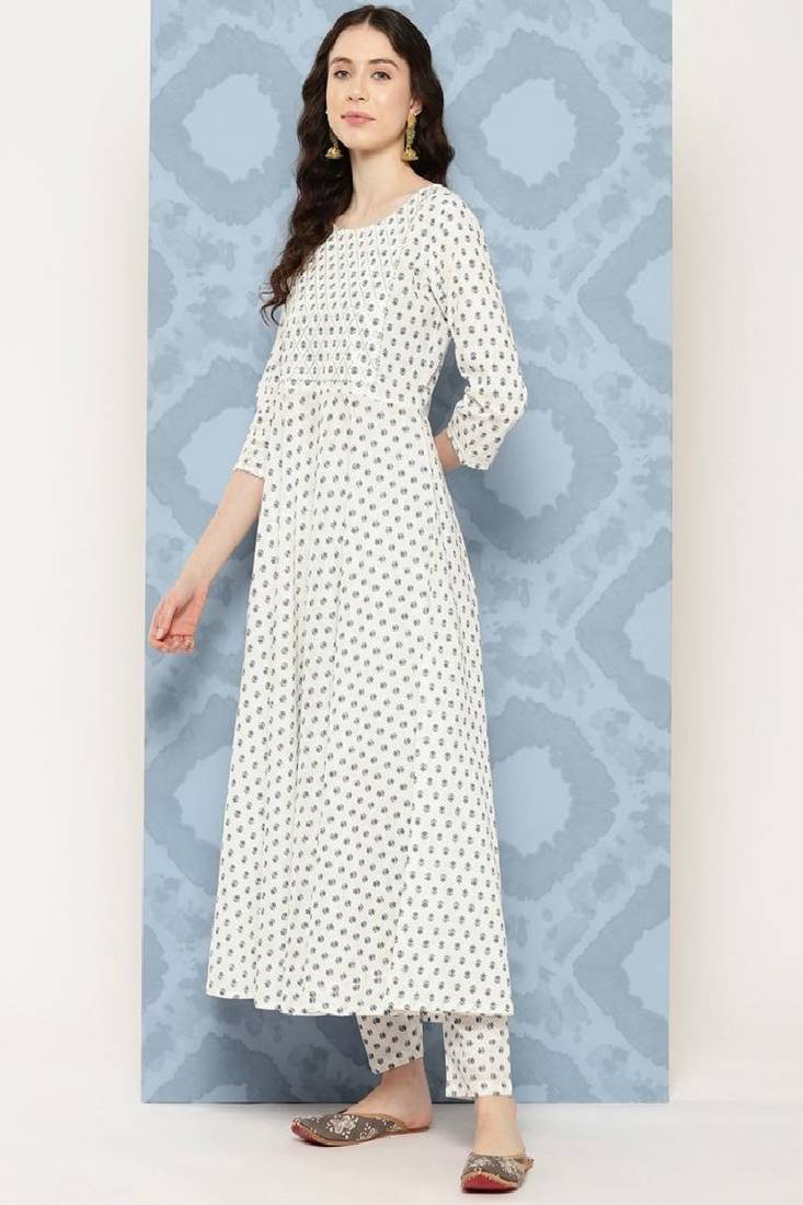 Off White Printed Pure Cotton Kurta Set