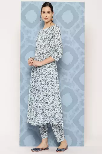 Blue Printed Pure Cotton Kurta Set