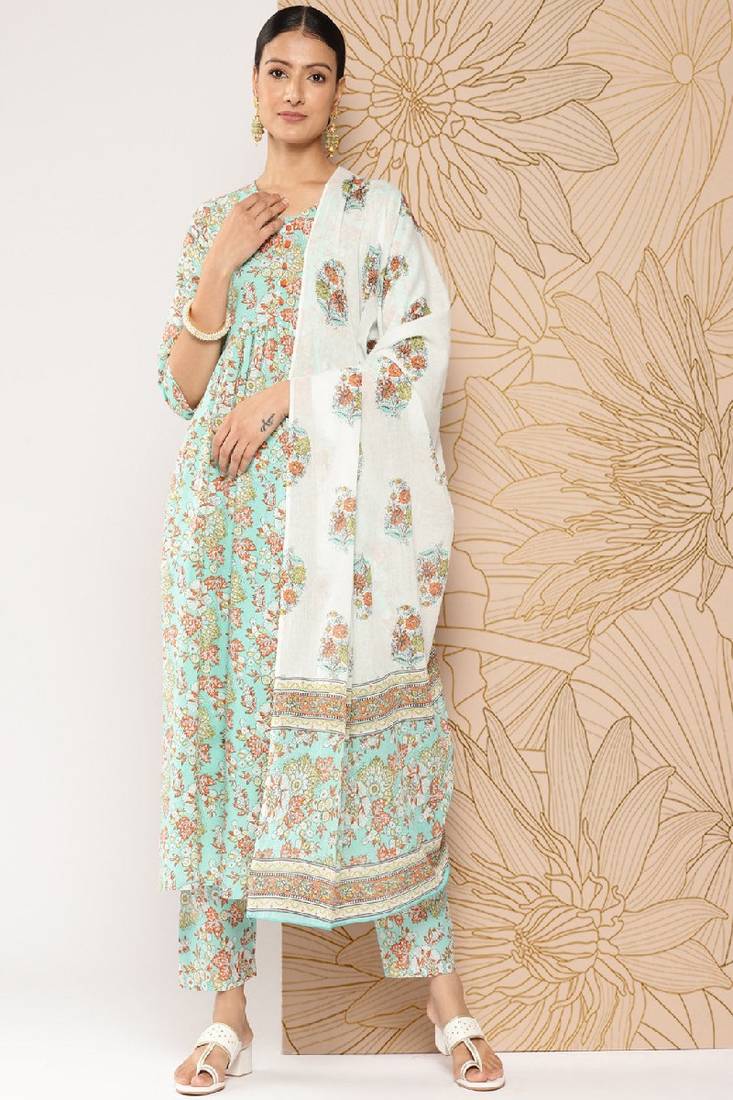 Green Printed Pure Cotton Kurta Set