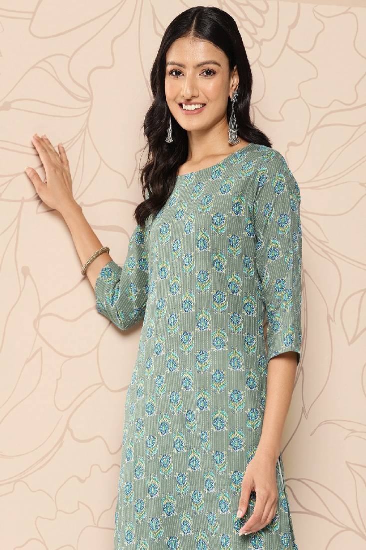 Green Printed Pure Cotton Kurta