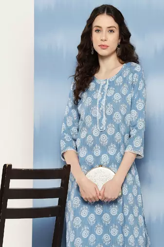 Blue Printed Pure Cotton Kurta