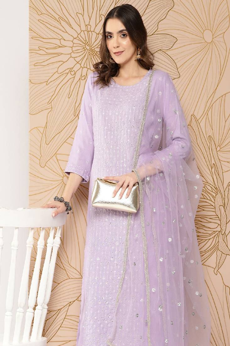 Lavender Embroidered Pure Cotton Kurta Set