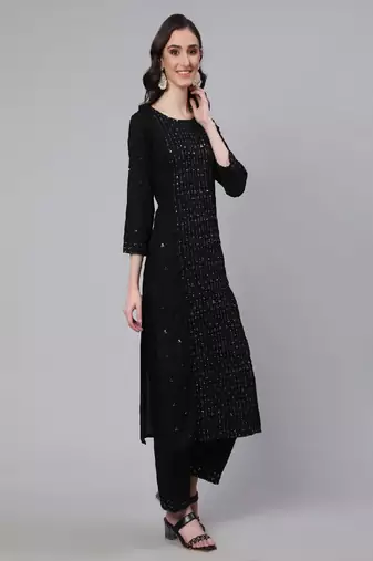 Black Embroidered Viscose Rayon Kurta Set