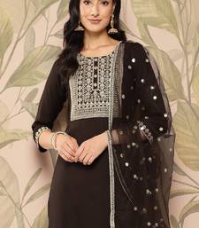 Brown Embroidered Viscose Rayon Kurta Set