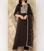 Brown Embroidered Viscose Rayon Kurta Set