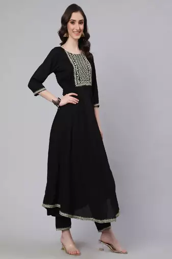 Black Embroidered Viscose Rayon Kurta Set