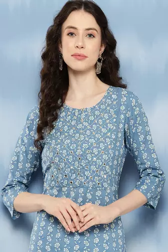 Blue Embroidered Pure Cotton Kurta