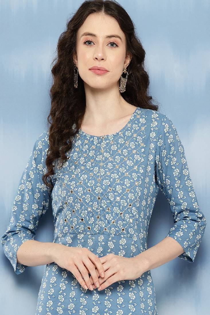 Blue Embroidered Pure Cotton Kurta