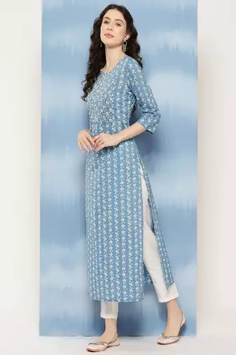 Blue Embroidered Pure Cotton Kurta
