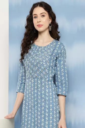 Blue Embroidered Pure Cotton Kurta