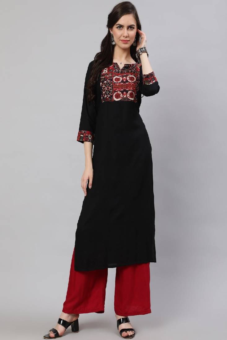 Black Printed Pure Cotton Kurta