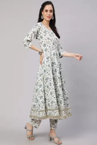 Off White Printed Pure Cotton Kurta Set