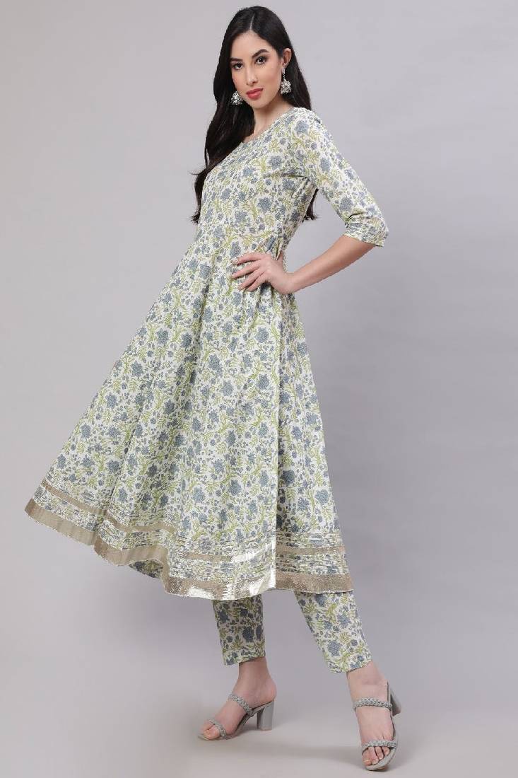 Off White Printed Pure Cotton Kurta Set