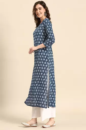 Blue Printed Pure Cotton Kurta