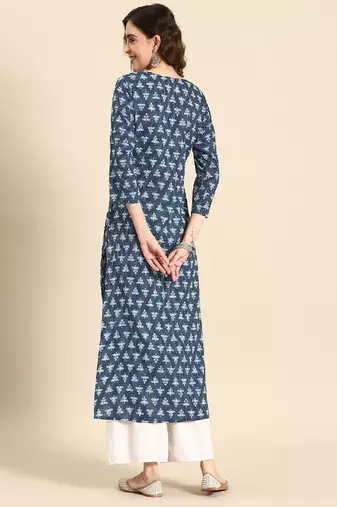 Blue Printed Pure Cotton Kurta
