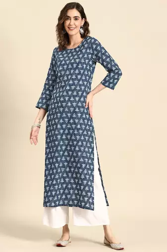Blue Printed Pure Cotton Kurta