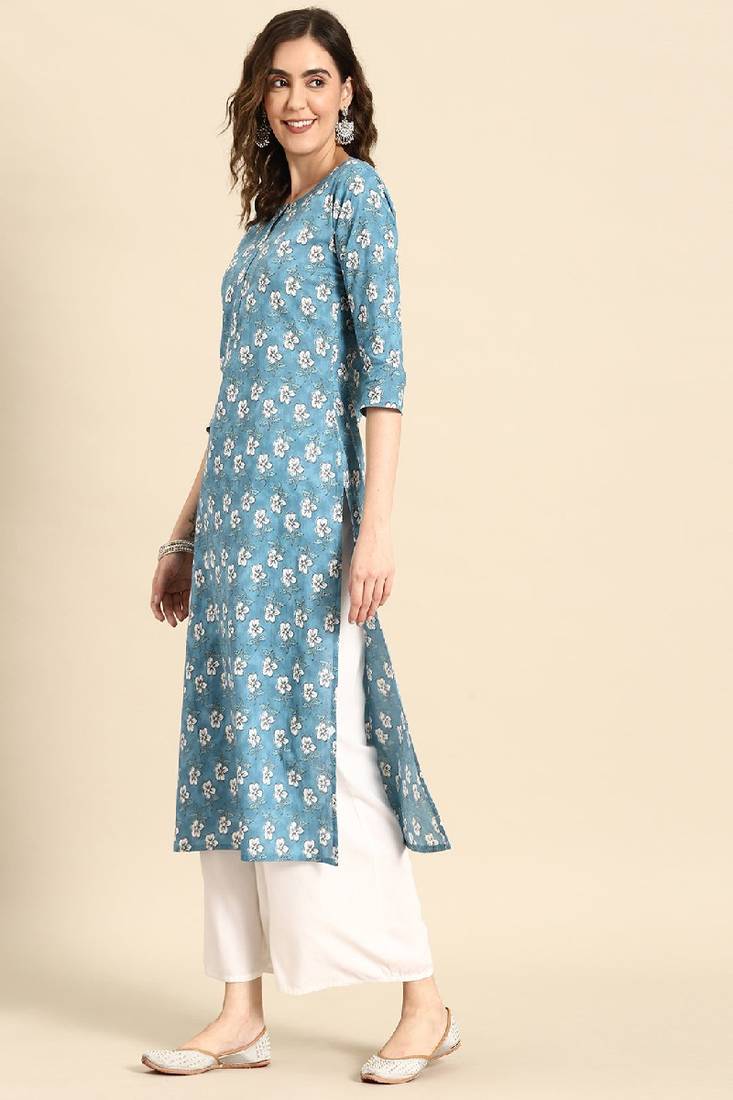 Blue Printed Pure Cotton Kurta