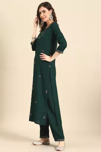 Green Embroidered Viscose Rayon Kurta Set