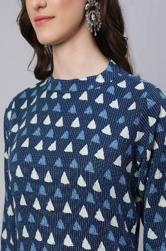 Blue Printed Pure Cotton Kurta