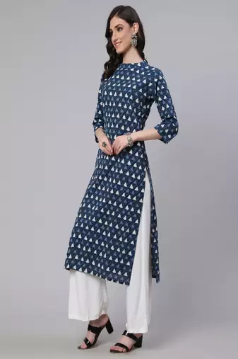 Blue Printed Pure Cotton Kurta