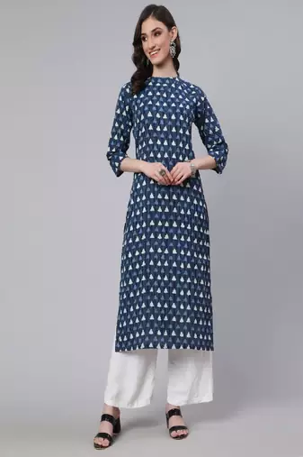 Blue Printed Pure Cotton Kurta