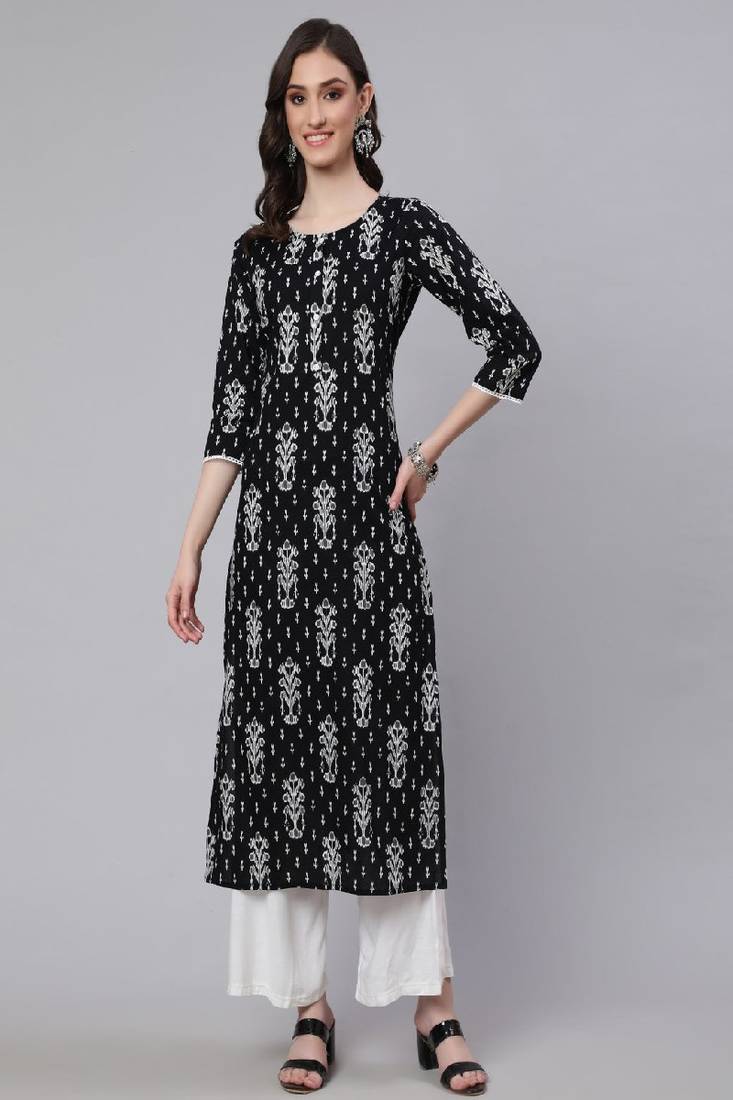 Black Printed Pure Cotton Kurta