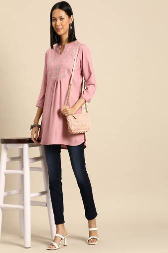 Mauve Embroidered Viscose Rayon Tunic