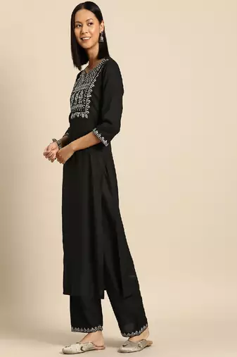 Black Embroidered Viscose Rayon Kurta Set