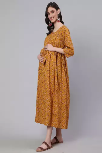 Mustard Printed Pure Cotton Dress