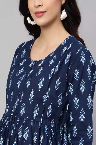 Blue Printed Pure Cotton Dress